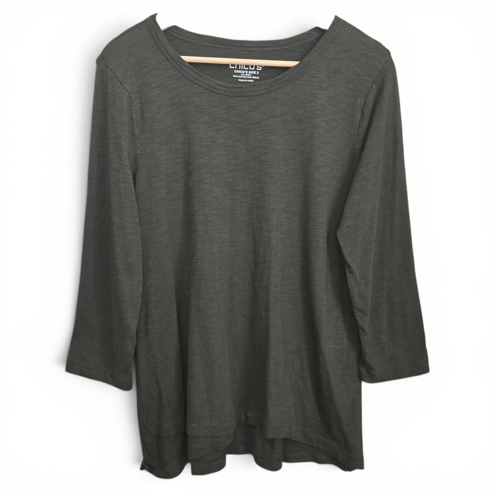 Chicos Top Womens 2 US Large Green Slub Knit Crew Neck Cotton Modal Long Sleeve